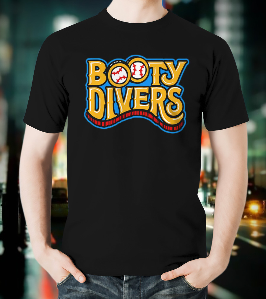 Booty Divers Baseball Theme Yellow Text With Baseballs T-Shirt