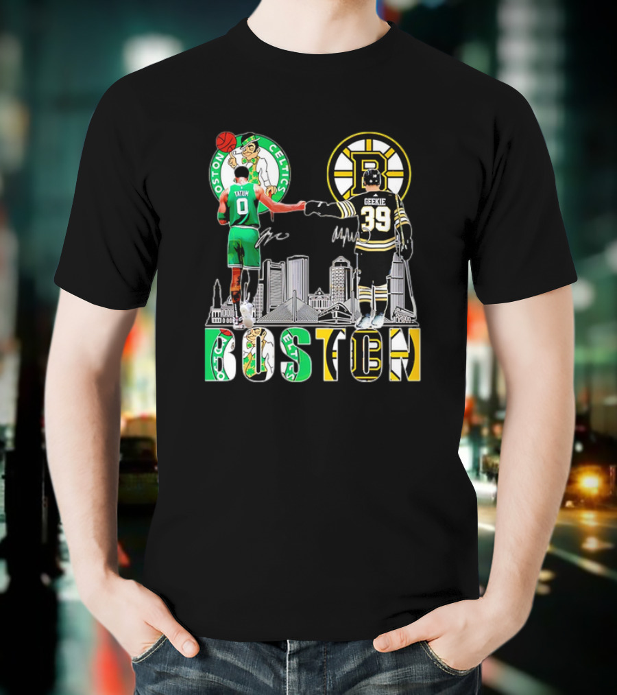 Boston Celtics Jayson Tatum Boston Bruins Morgan Geekie Signatures Skyline T-Shirt