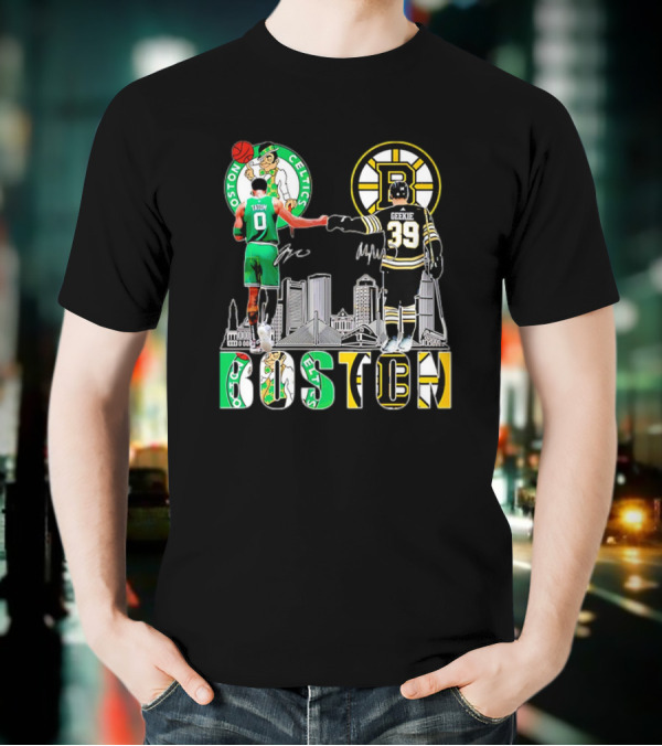 Boston Celtics Jayson Tatum Boston Bruins Morgan Geekie Signatures Skyline T-Shirt