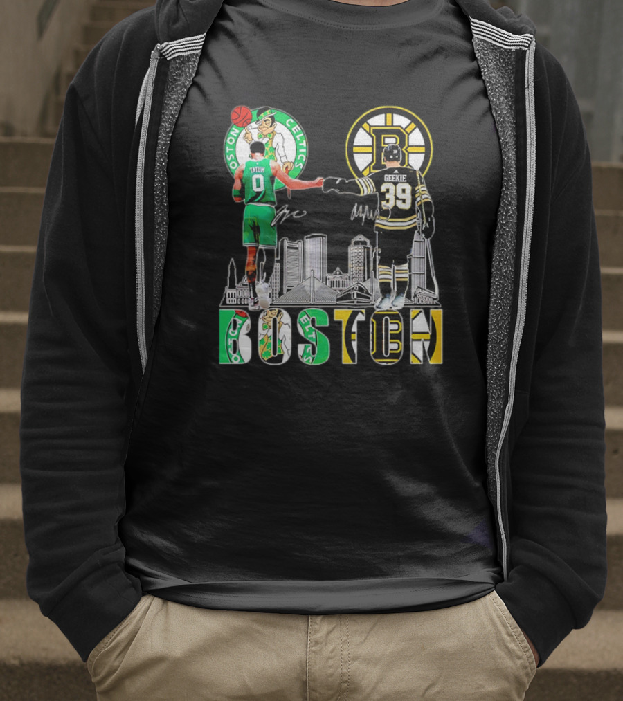 Boston Celtics Jayson Tatum Boston Bruins Morgan Geekie Signatures Skyline T-Shirt