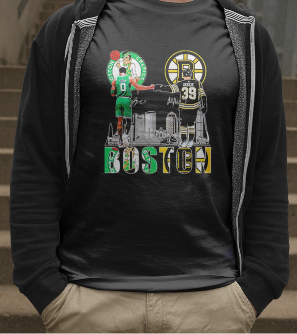 Boston Celtics Jayson Tatum Boston Bruins Morgan Geekie Signatures Skyline T-Shirt