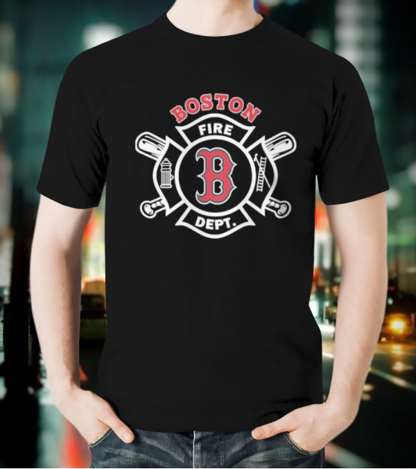 Boston Red Sox Fire Dept Firefighters B Logo Axes And Ladder T-Shirt