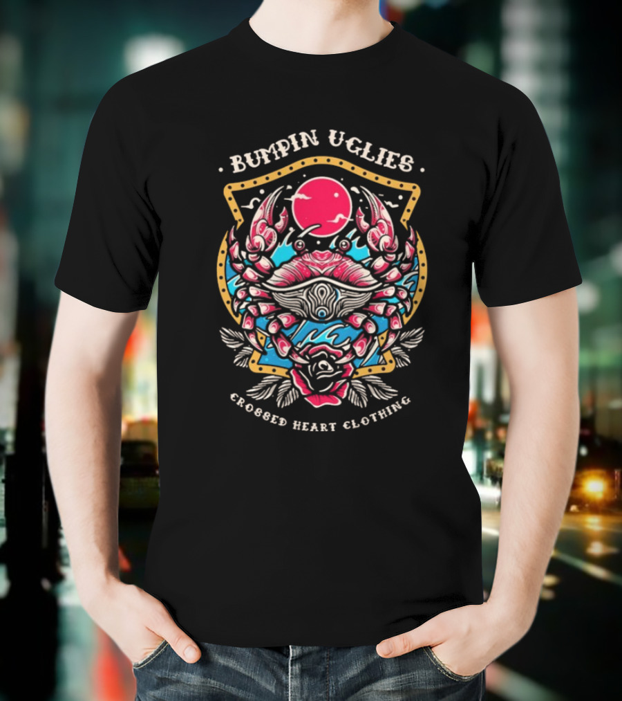 Bumpin Uglies Crossed Heart Clothing Shellraiser Crab Ocean Sun Roses T-Shirt