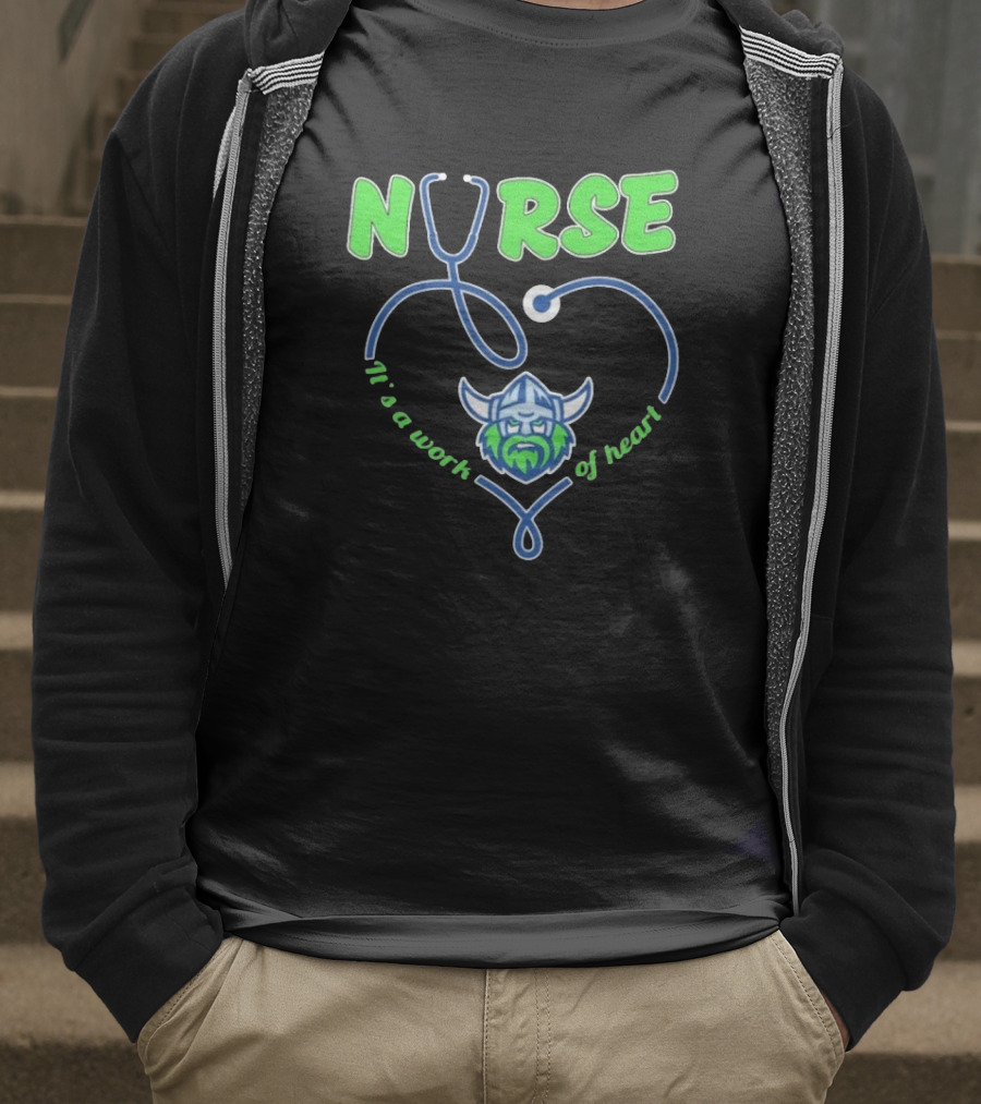 Nurse It's A Work Of Heart Canberra Raiders Stethoscope Viking Helmet T-Shirt