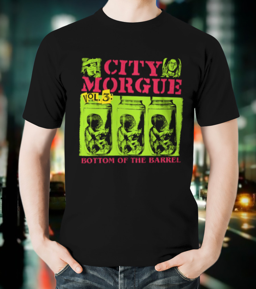 City Morgue Bottom Of The Barrel Green Neon Skeleton Illustrations T-Shirt