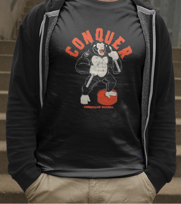 Conquer Raging Gorilla Conquering Barbell Motivational Fitness Apparel T-Shirt