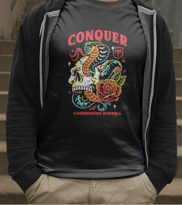 Conquer Skull Snake Rose Conquering Barbell T-Shirt
