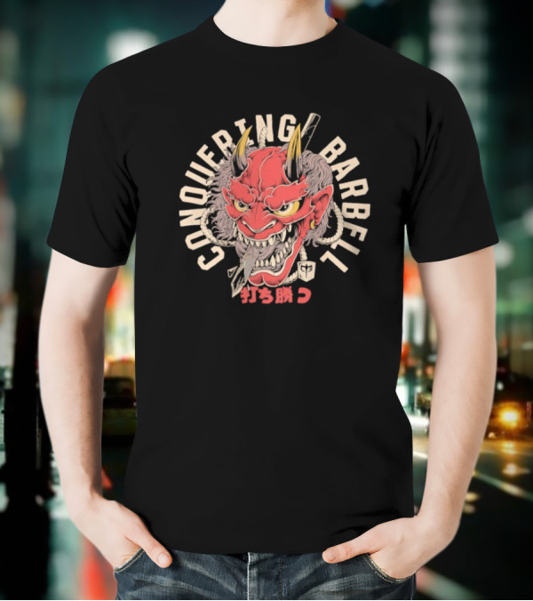 Conquering Barbell Oni Mask Japanese Text T-Shirt