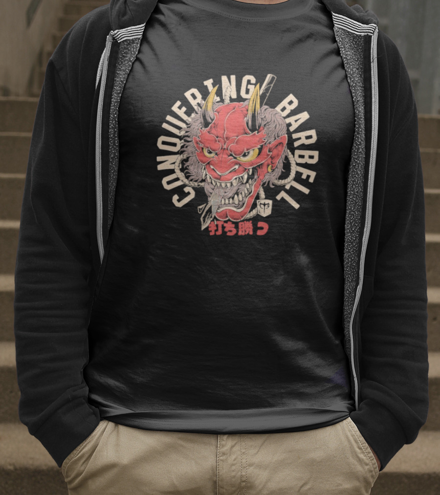 Conquering Barbell Oni Mask Japanese Text T-Shirt