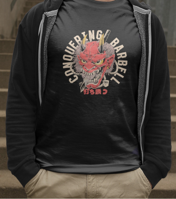 Conquering Barbell Oni Mask Japanese Text T-Shirt