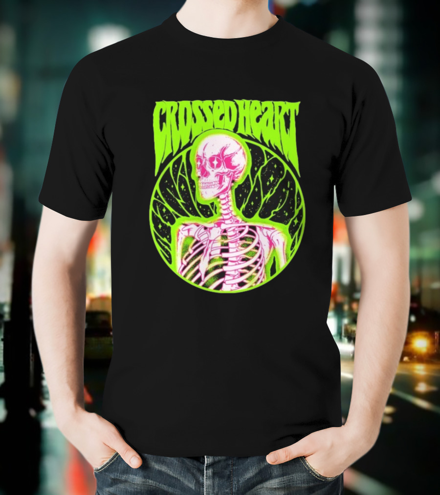 Crossed Heart Skeleton Neon Illustration T-Shirt
