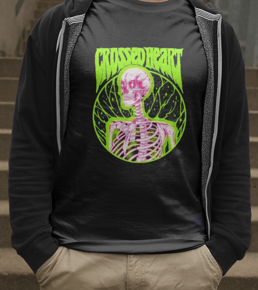 Crossed Heart Skeleton Neon Illustration T-Shirt