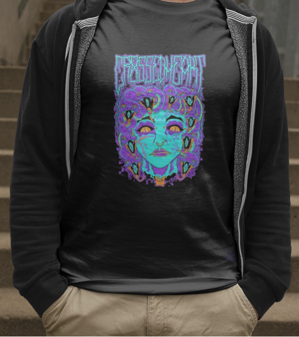 Crossed Heart Neon Medusa Snakes T-Shirt