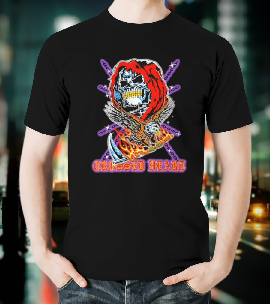 Crossed Heart No Mercy Skull Eagle Flames Chains T-Shirt