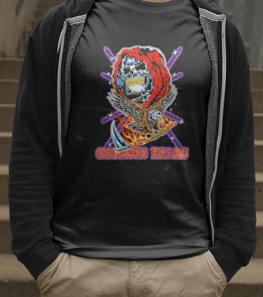 Crossed Heart No Mercy Skull Eagle Flames Chains T-Shirt