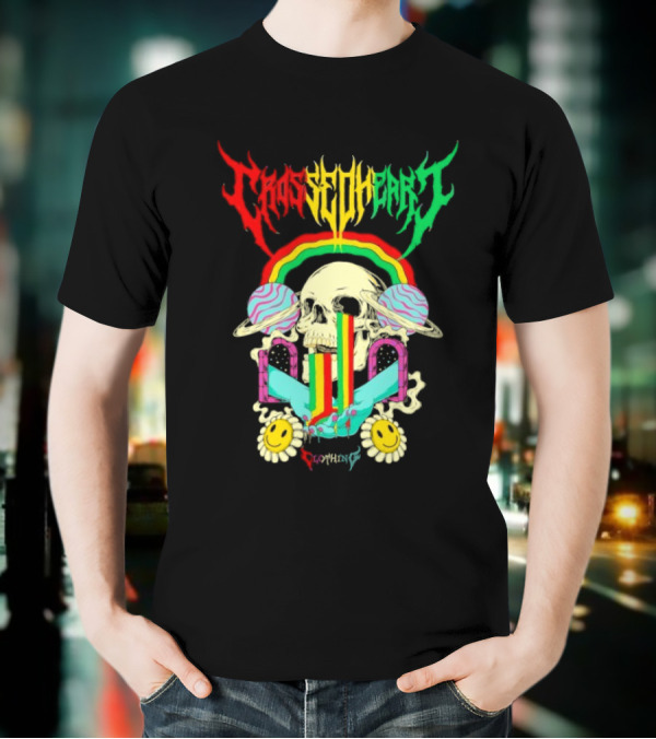 Crossed Heart Skull With Rainbow And Smiley Faces T-Shirt