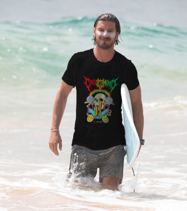 Crossed Heart Skull With Rainbow And Smiley Faces T-Shirt