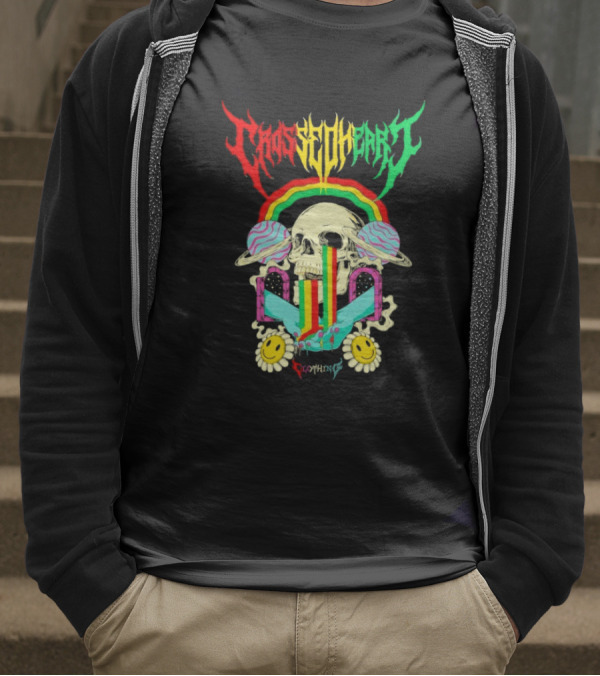Crossed Heart Skull With Rainbow And Smiley Faces T-Shirt