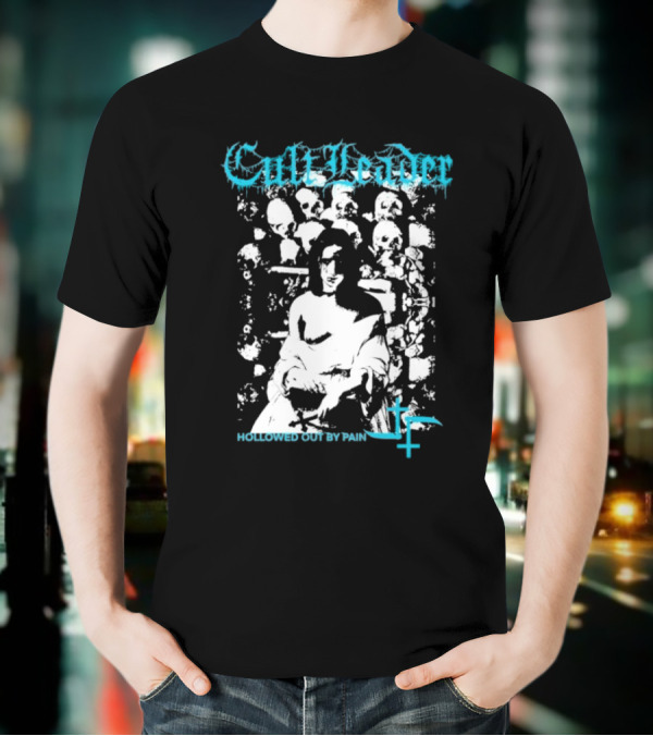 Cult Leader Hollowed Out By Pain Distorted Portrait With Inverted Cross Symbol T-Shirt