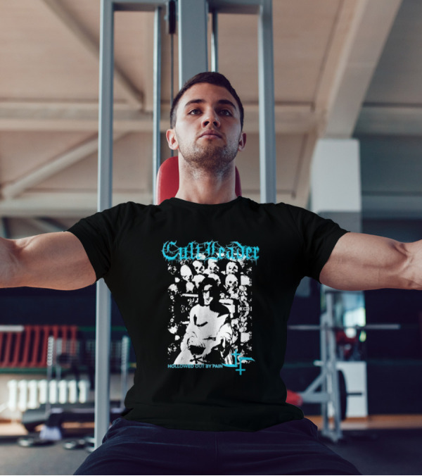 Cult Leader Hollowed Out By Pain Distorted Portrait With Inverted Cross Symbol T-Shirt
