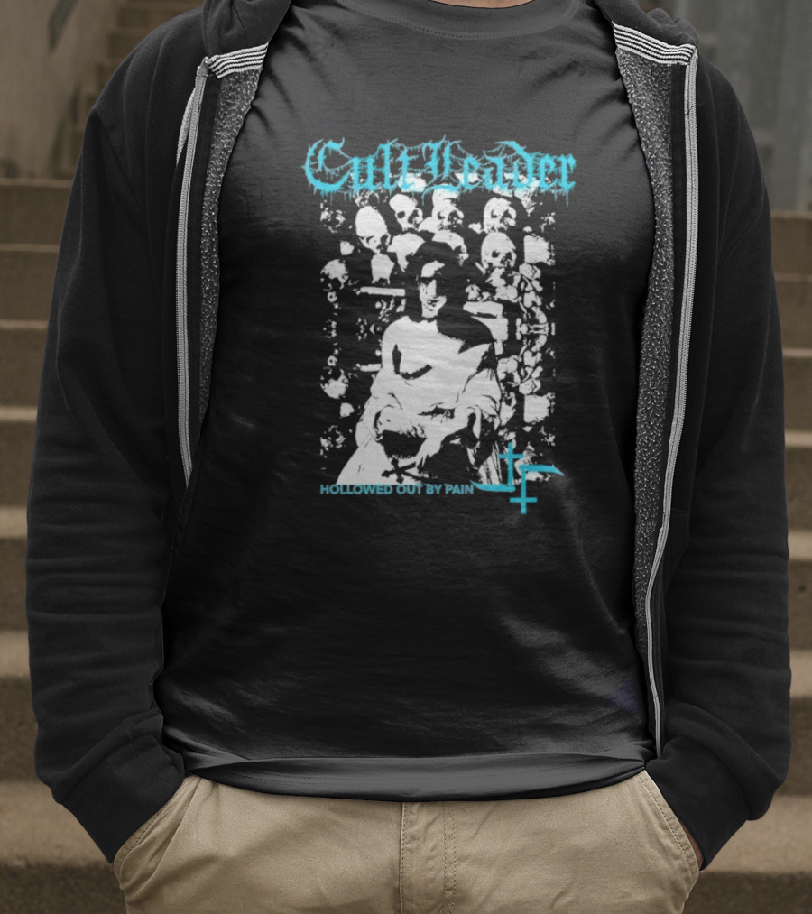 Cult Leader Hollowed Out By Pain Distorted Portrait With Inverted Cross Symbol T-Shirt
