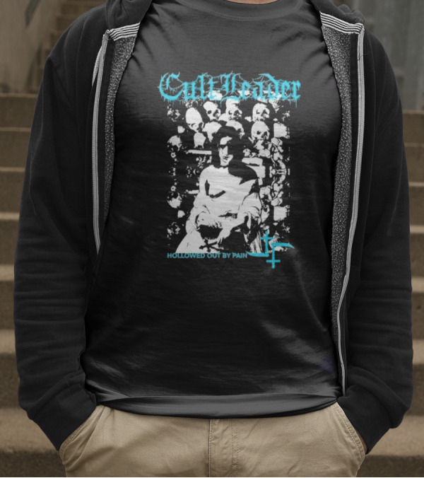 Cult Leader Hollowed Out By Pain Distorted Portrait With Inverted Cross Symbol T-Shirt