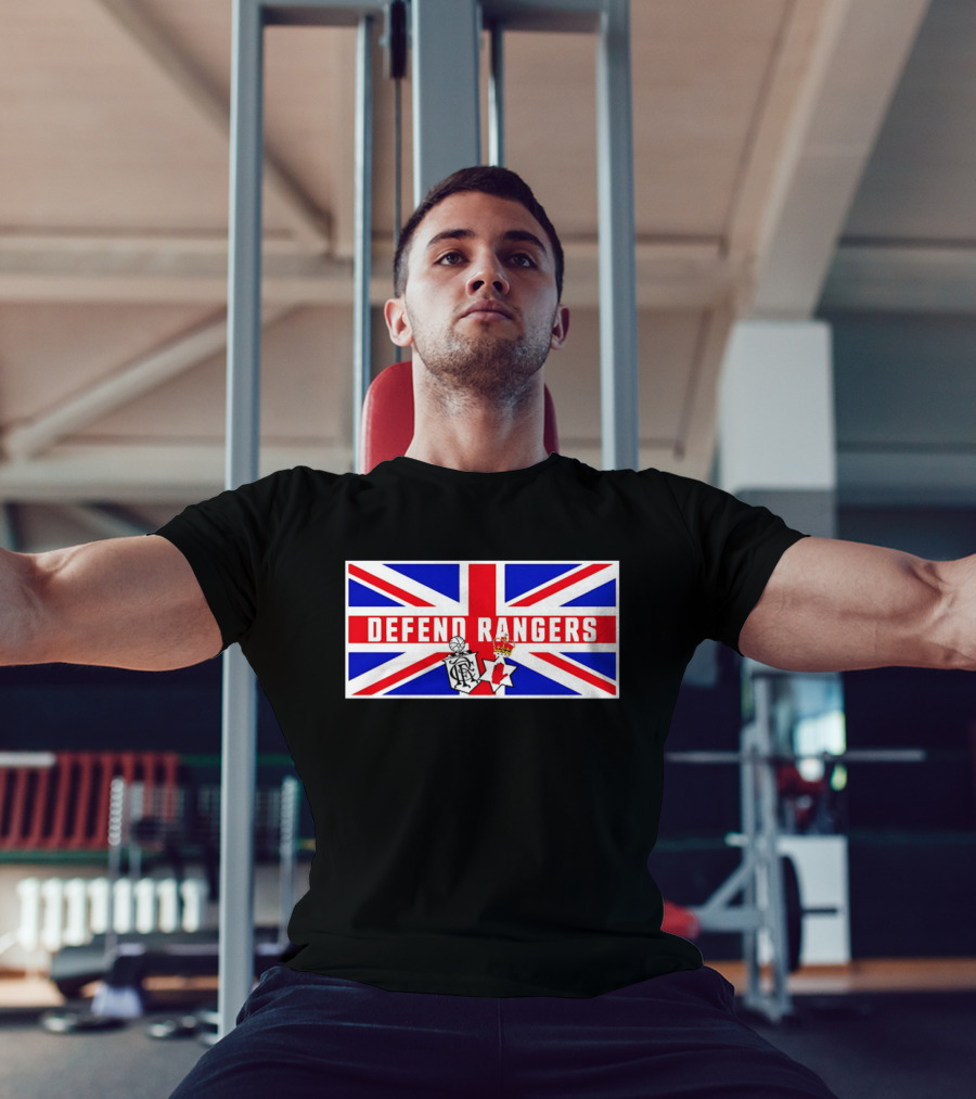 Defend Rangers Union Flag With FCRF Crest And Red Hand Of Ulster T-Shirt