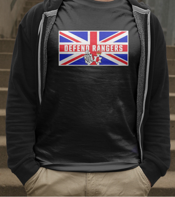 Defend Rangers Union Flag With FCRF Crest And Red Hand Of Ulster T-Shirt