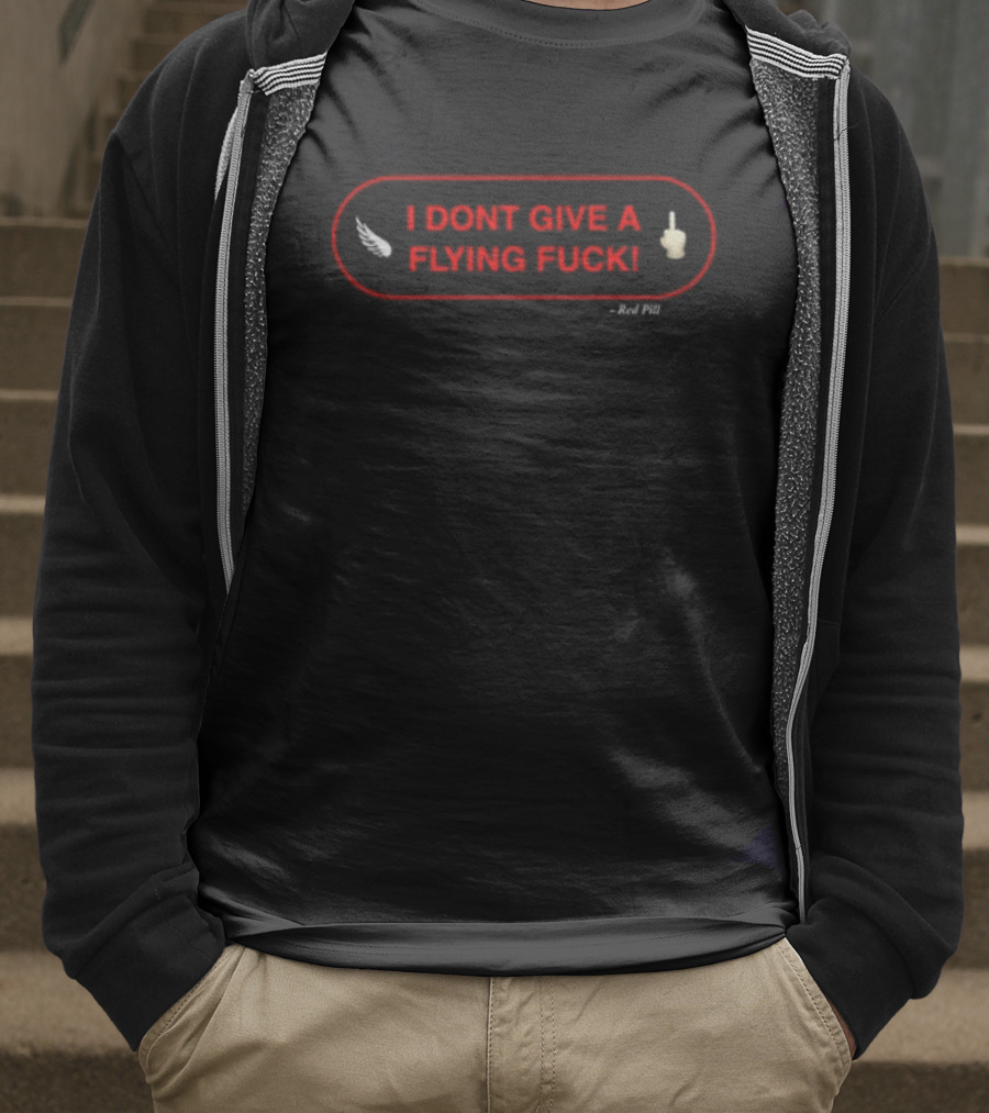 I DON'T GIVE A FLYING FUCK Red Oval With White Feather And Middle Finger T-Shirt
