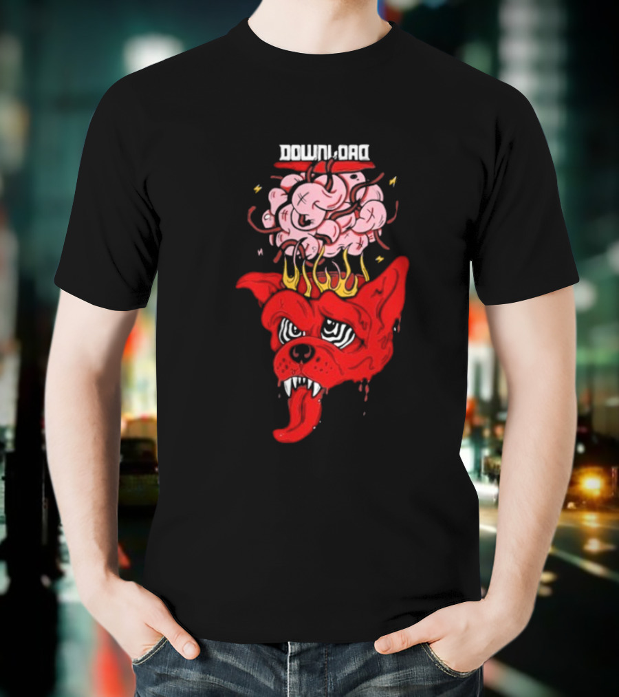 Download Festival Brain Explosion Red Dog Flames Quirky Cartoon Style T-Shirt