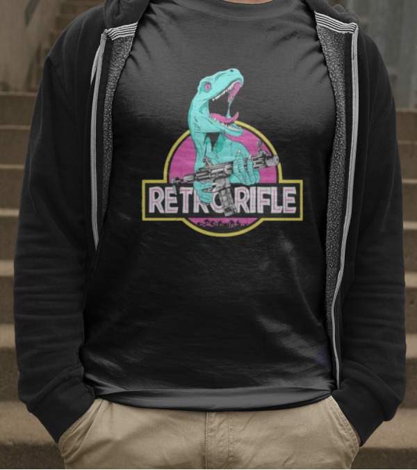 Retro Rifle Dinosaur Holding Gun Vintage Style T-Shirt