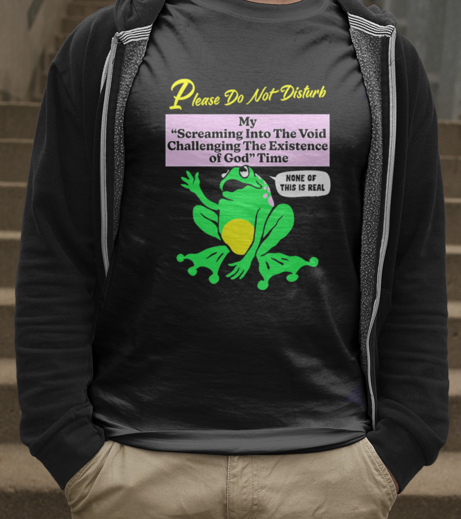 Please Do Not Disturb My Screaming Into The Void Challenging The Existence Of God Time None Of This Is Real Frog T-Shirt