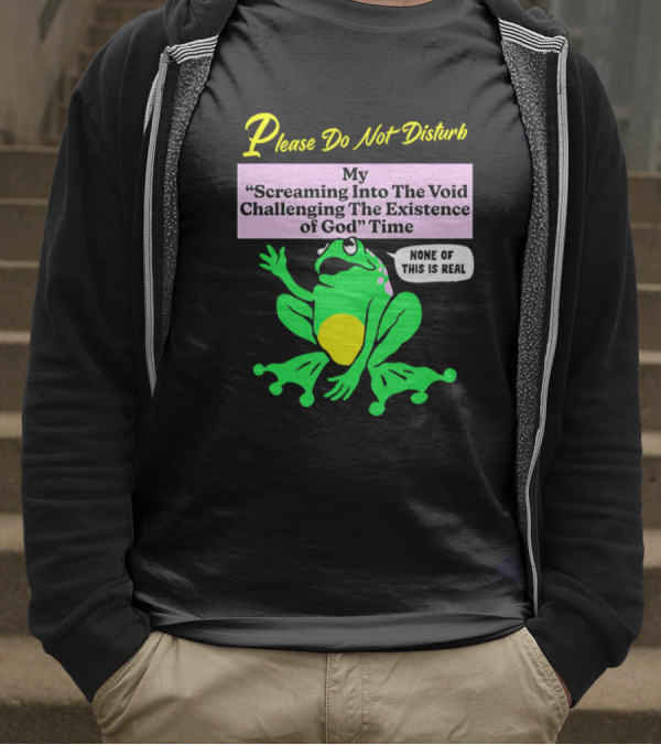 Please Do Not Disturb My Screaming Into The Void Challenging The Existence Of God Time None Of This Is Real Frog T-Shirt