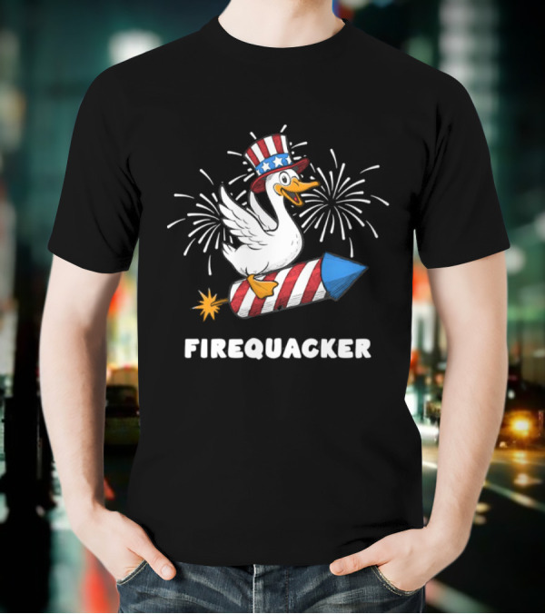 Firequacker Patriotic Duck With Rocket And Fireworks T-Shirt