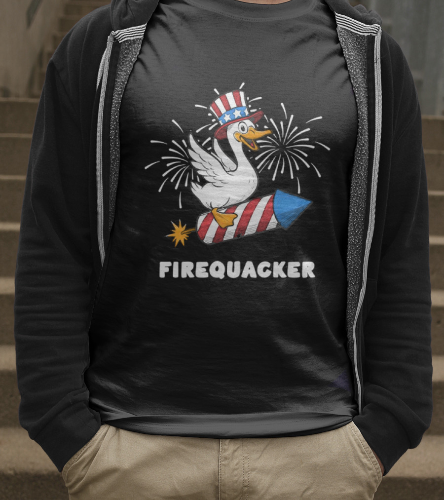 Firequacker Patriotic Duck With Rocket And Fireworks T-Shirt