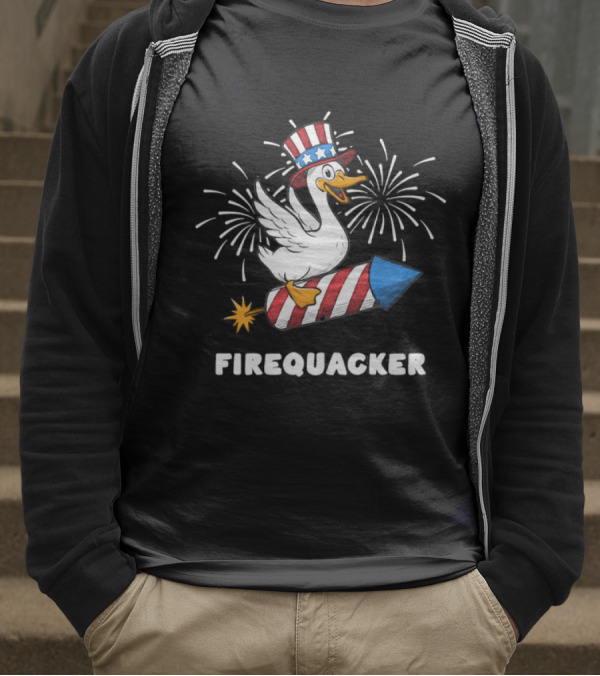 Firequacker Patriotic Duck With Rocket And Fireworks T-Shirt