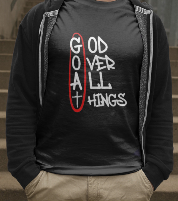 GOAT God Over All Things Sword Cross Graphic Red Oval T-Shirt