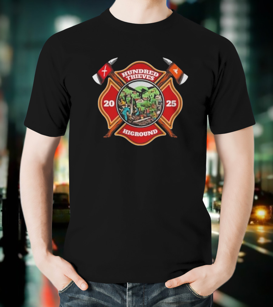 Hundred Thieves Higround 2025 Badge With Axes And Mountain Scene T-Shirt