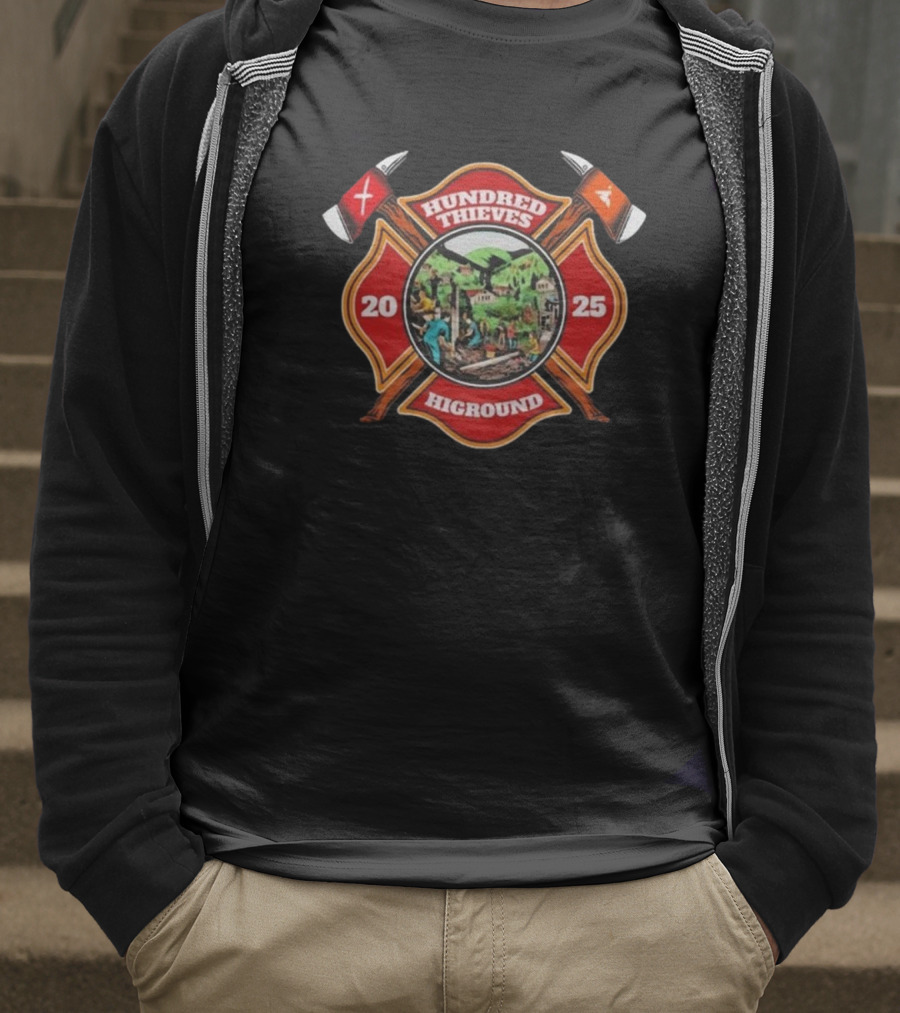 Hundred Thieves Higround 2025 Badge With Axes And Mountain Scene T-Shirt