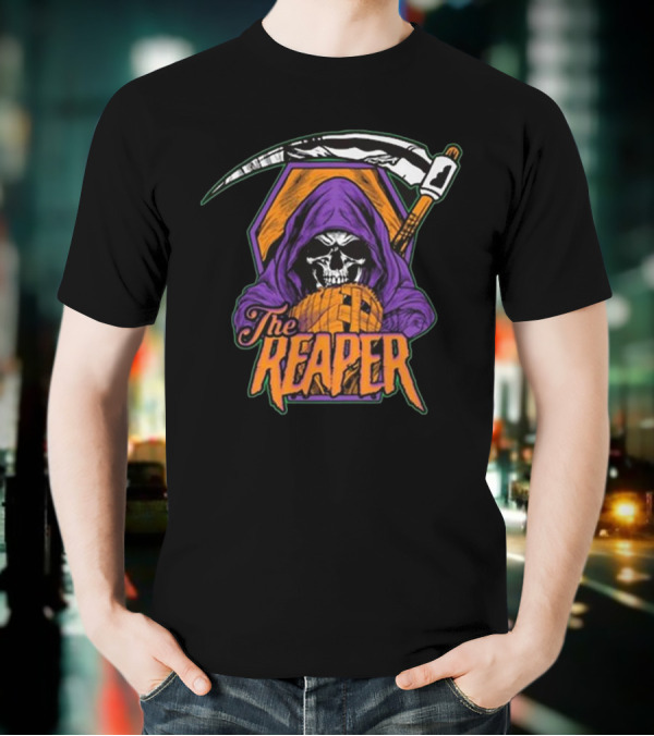 American Gothic Style Skull With Scythe Reaper Hooded Figure T-Shirt