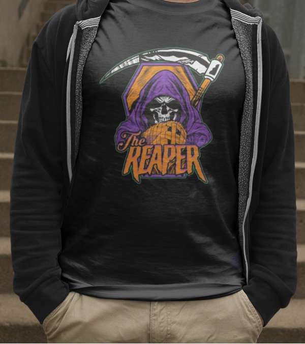 American Gothic Style Skull With Scythe Reaper Hooded Figure T-Shirt