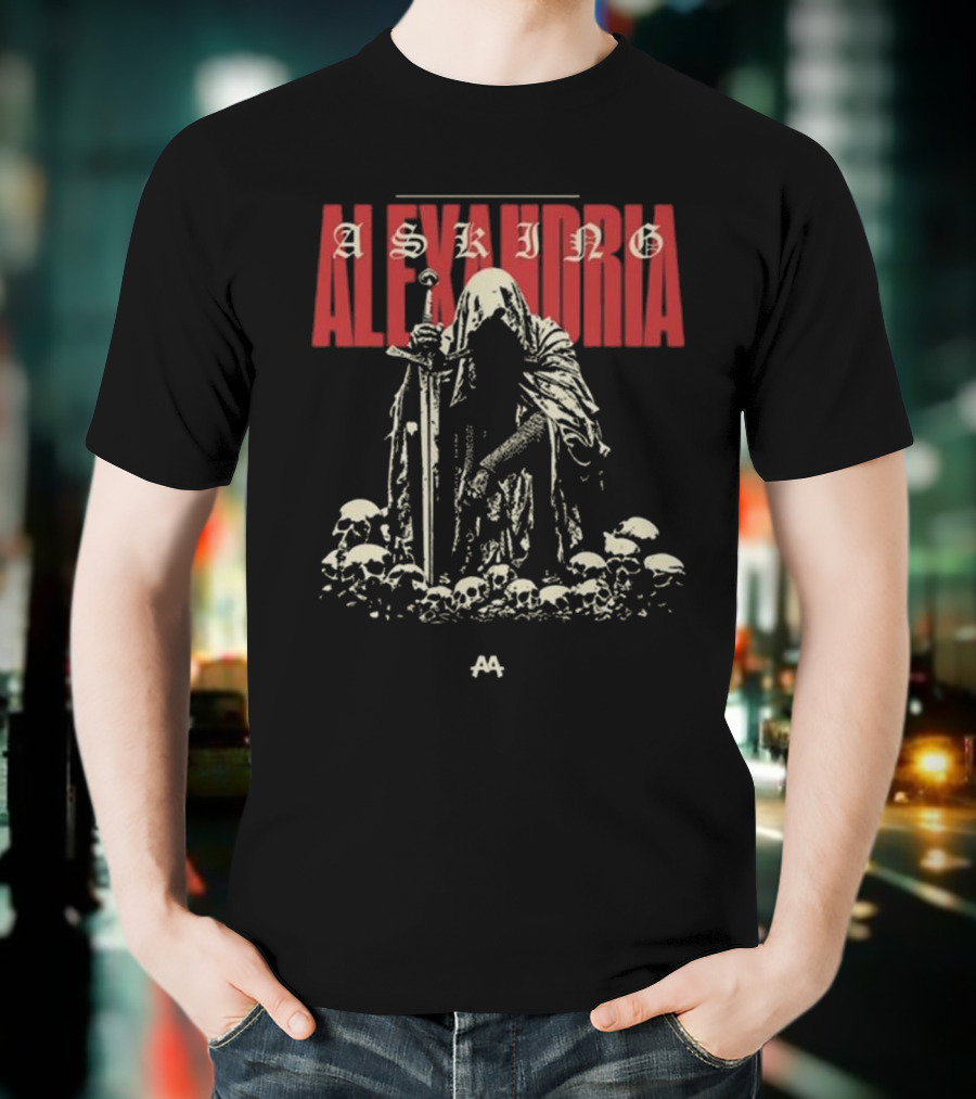 Asking Alexandria Skeleton Cloaked Figure With Sword Among Skulls T-Shirt