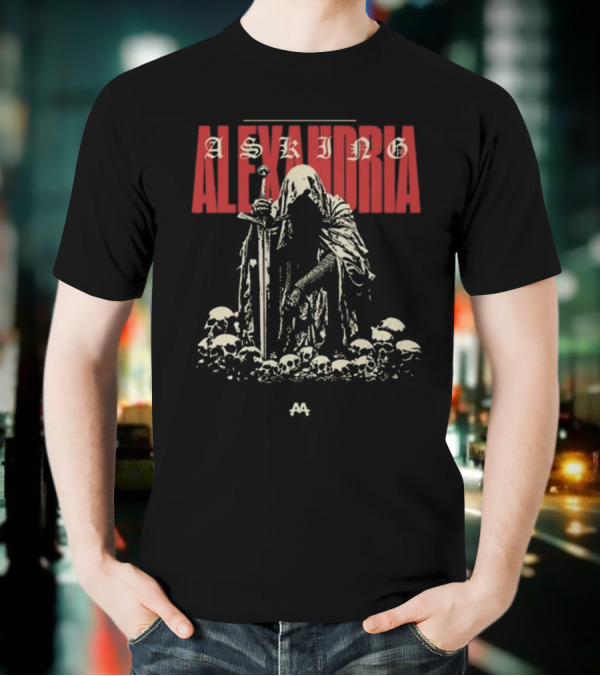 Asking Alexandria Skeleton Cloaked Figure With Sword Among Skulls T-Shirt
