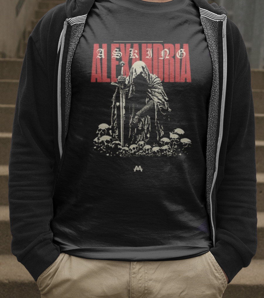 Asking Alexandria Skeleton Cloaked Figure With Sword Among Skulls T-Shirt