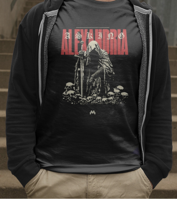 Asking Alexandria Skeleton Cloaked Figure With Sword Among Skulls T-Shirt