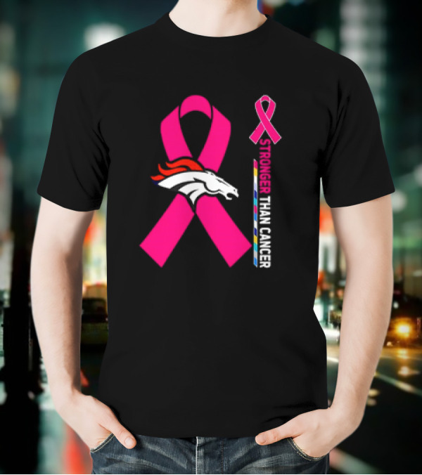 Denver Broncos Pink Ribbon Stronger Than Cancer Awareness T-Shirt