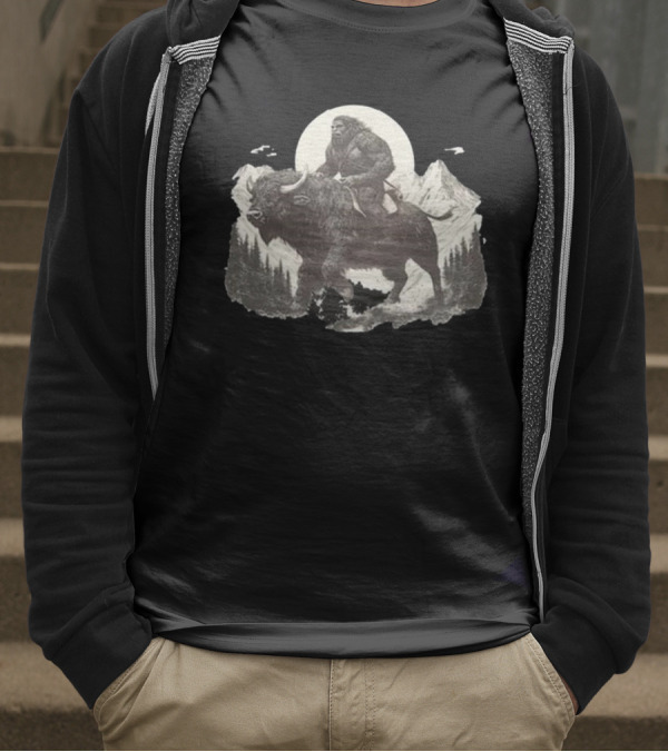 Blurry Creatures Bigfoot Riding Buffalo With Mountains And Moon In Background T-Shirt