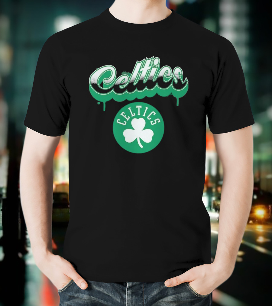 Boston Celtics Bubbly Script Green Clover Emblem T-Shirt