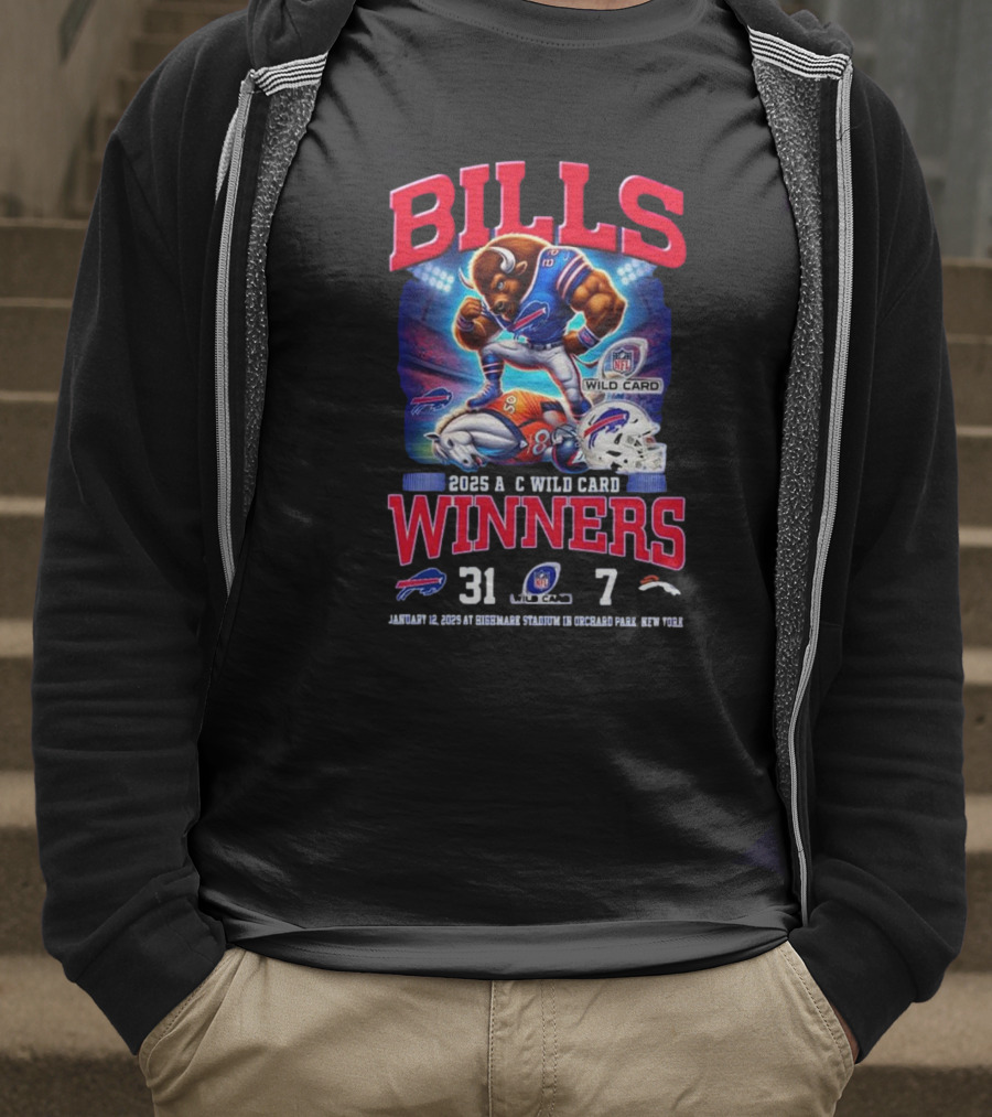 Buffalo Bills 2025 AFC Wild Card Winner Beat Denver Broncos 31-7 Mascot T-Shirt