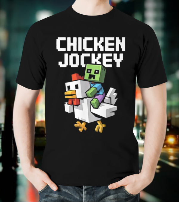 CHICKEN JOCKEY Pixelated Green Zombie Riding White Chicken T-Shirt